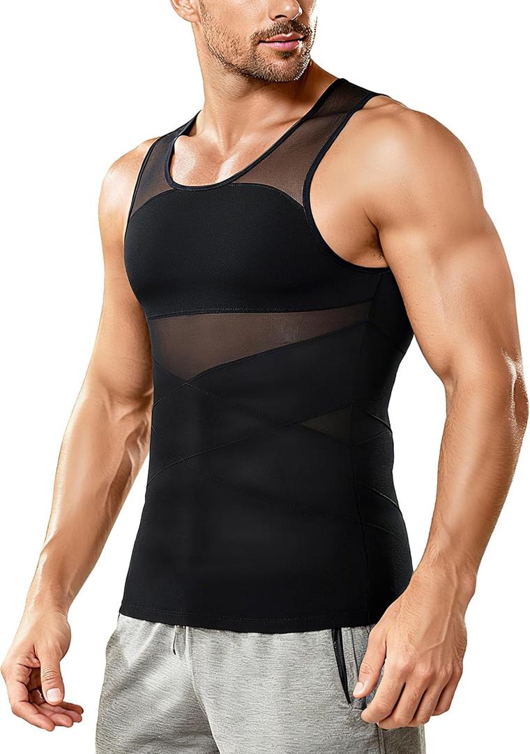 Nebility Mens Compression Shirt for Gynecomastia - Sleeveless Slimming Undershirts Body Shaper Vest Mesh Shapewear Workout Tank Tops Black (Black)