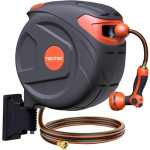 NEOTEC Retractable Garden Hose Reel 100 ft 1/2 Inch with 3-Layer PVC Hose Wall Mount Automatic Slow Return Any-Length Lock 180 Swivel Hose Reel for Large Yard