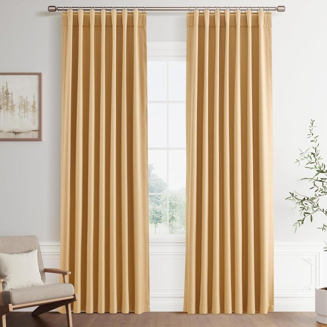 Joywell Camel Linen 100% Blackout Curtains 84 Inch Long, Rod Pocket/Back Tab/Hook Belt/Clip Rings,Thermal Insulated Drapes for Bedroom Living Room with Hooks(2 Panels,52 x 84)