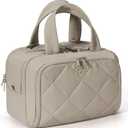 Travel Toiletry Bag, Large Wide-open Puffy Toiletry Bag for Women, Lightweight Quilted Makeup Bag Cosmetic Organizer with Handle Water-resistant Travel Essentials for Toiletries Accessories Oatmeal