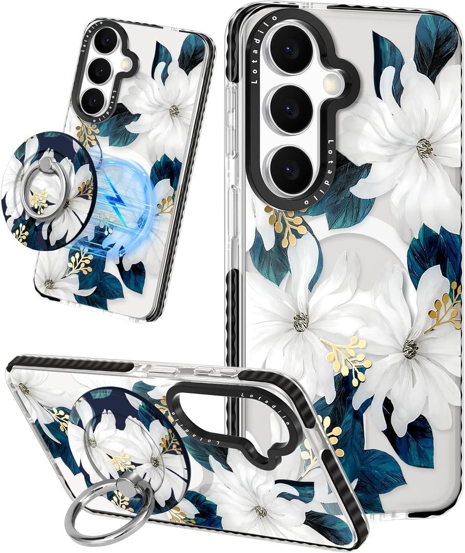Lotadilo Cute Case for Samsung Galaxy S26 for Women Girls - Funny Blue Flower Design Compatible with Magsafe Magnetic Ring Holder Kickstand Fashion TPU Phone Covers