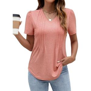 Anbech Women's V Neck T Shirts Pleated Casual Plain Tops Short Sleeve Summer Blouses, L