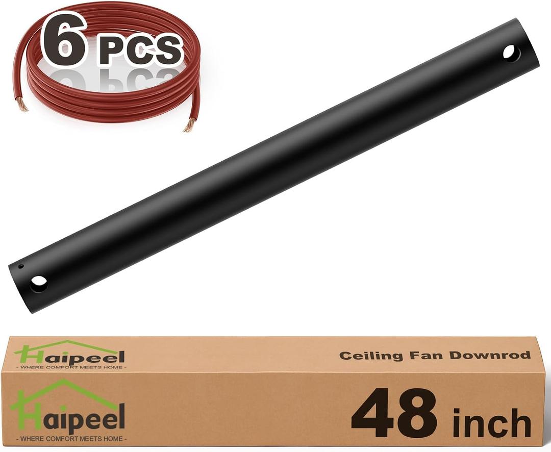 Haipeel 48 Inch Ceiling Fan Downrod, 4 FT Extension Rod with Extended Cord, 1 Inch Diameter Not Threaded Downrod for Ceiling Fan, Heavy Duty Ceiling Fan Accessories (Black)