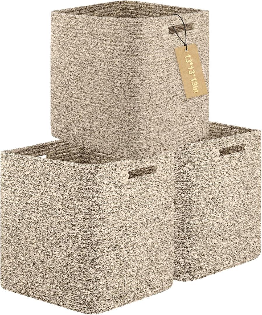OIAHOMY Storage Cubes, 13 Inch Cube Storage Organizer, Collapsible Storage Bins, Baskets for Organizing, Storage Bins for Shelves-Brown, 3-PACK