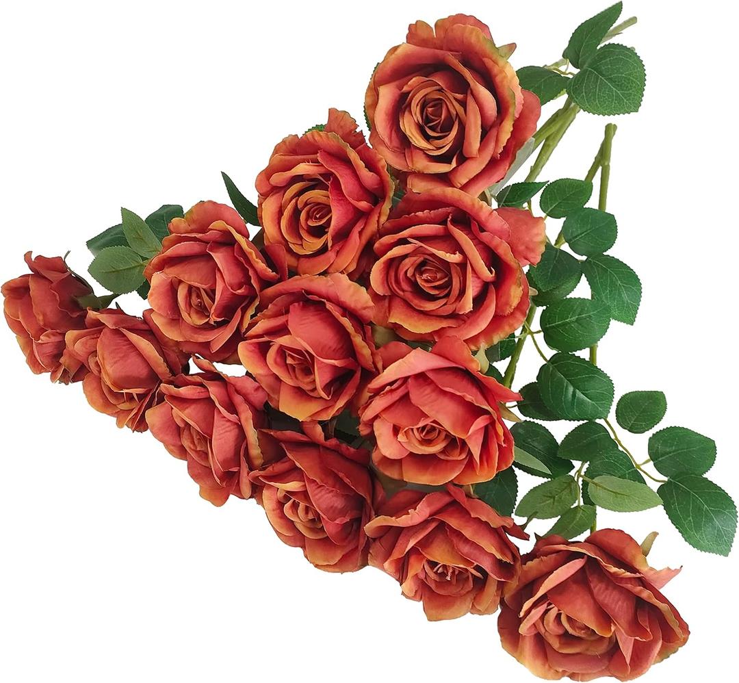 ATFL Burnt Orange Roses Bouquet for Wedding Decorations,12 Pcs Burnt Orange Flowers Artificial,Flower Diameter 4'',Long Stem Artificial Floral for Tall Vase
