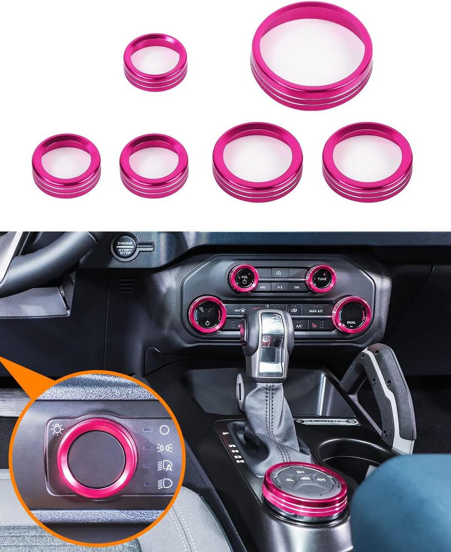 Savadicar CKT01 Billet Aluminum Control Knob Trim Sets, Headlight/4WD/HVAC Climate Control Knob Ring Bezels, Air Conditioner/Radio Switch Cover for 2021-2025 Ford Bronco, Interior Accessories, Pink