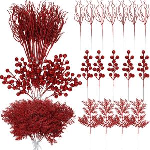 75 Pcs Christmas Glitter Branches 3 Styles Artificial Christmas Picks Berries Stems Pine Needles Floral Twig Spray for Xmas Tree Ornaments DIY Wreath Garland(Red)