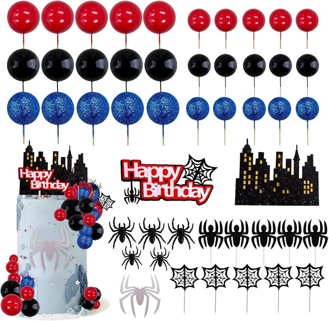 Morofme 48pcs Spider Cake Decorations Spiders Theme Cake Topper Spider Web Cupcake Decor Spiders Building Toothpick Red Black Blue Balls Cupcake Decoration for Boys Men Birthday Party Supplies