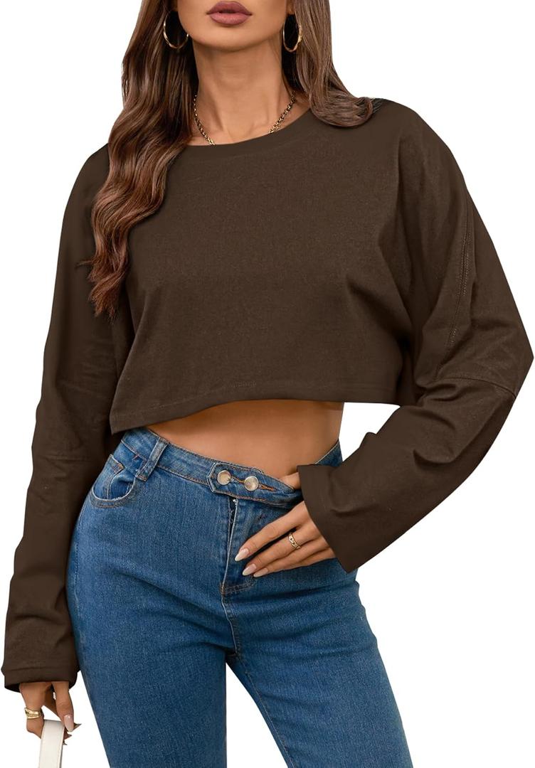 Remidoo Women's Casual Long Sleeve Cropped Sweatshirt Crewneck Pullover Shirt Brown Large