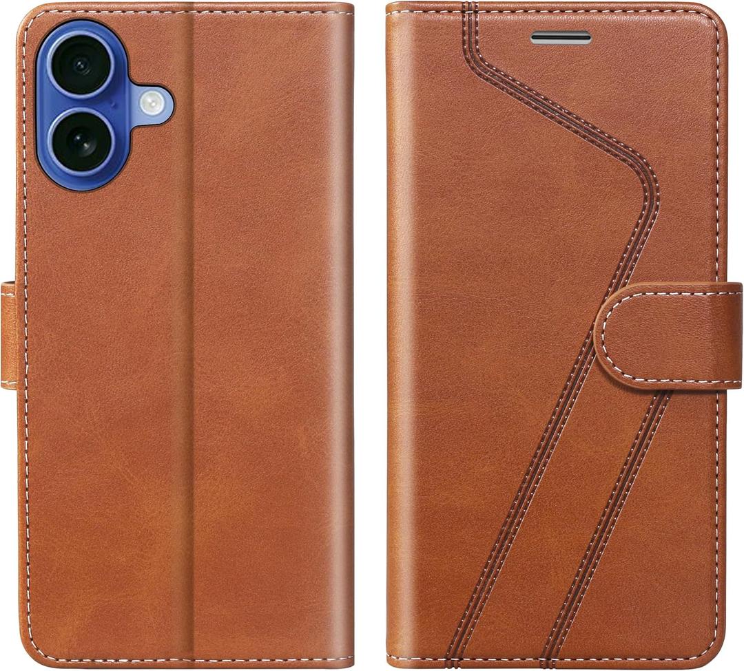 for iPhone 16 Wallet Case,PU Leather Flip Case RFID Blocking Credit Card Holder Folio Magnetic Stand TPU Shockproof Cover Compatible with iPhone 16, Brown