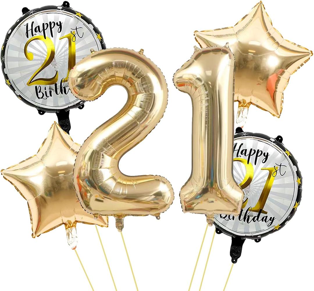 40 Inch Champagne Gold 21 Number Balloons Light Gold Number 21 Foil Mylar Helium Balloons,18 Inch Stars Happy Birthday Round Balloon for Girls Boys 21th Happy Birthday Anniversary Decoration Supplies, Large