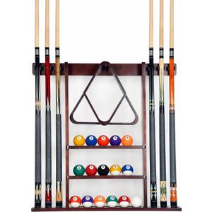 Iszy Billiards Pool Cue Rack - Billiard Pool Stick and Ball Holder Only - 100% Wood Wall Mount Holds 6 Cues and 16 Balls - Pool Table Accessories, Mahogany