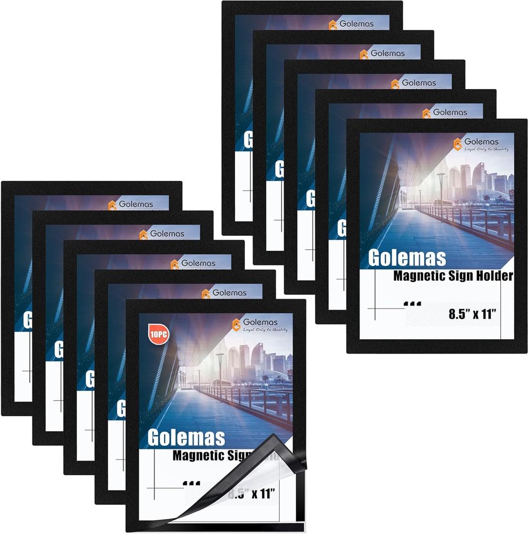 Magnetic Sign Holder, 8.5 x 11 Wall Mount Self Adhesive Document Display Frames, Double Sided Display for Glass Window (Black, 10 Pack)