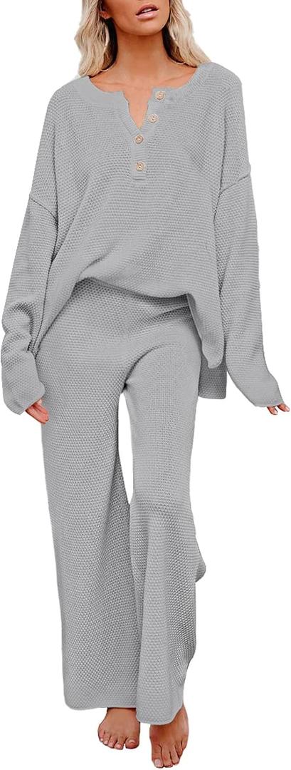 Pink Queen Women's 2 Piece Knit Outfit Set Long Sleeve Button Sweater Top and Wide Leg Pants Lounge Set Gray L