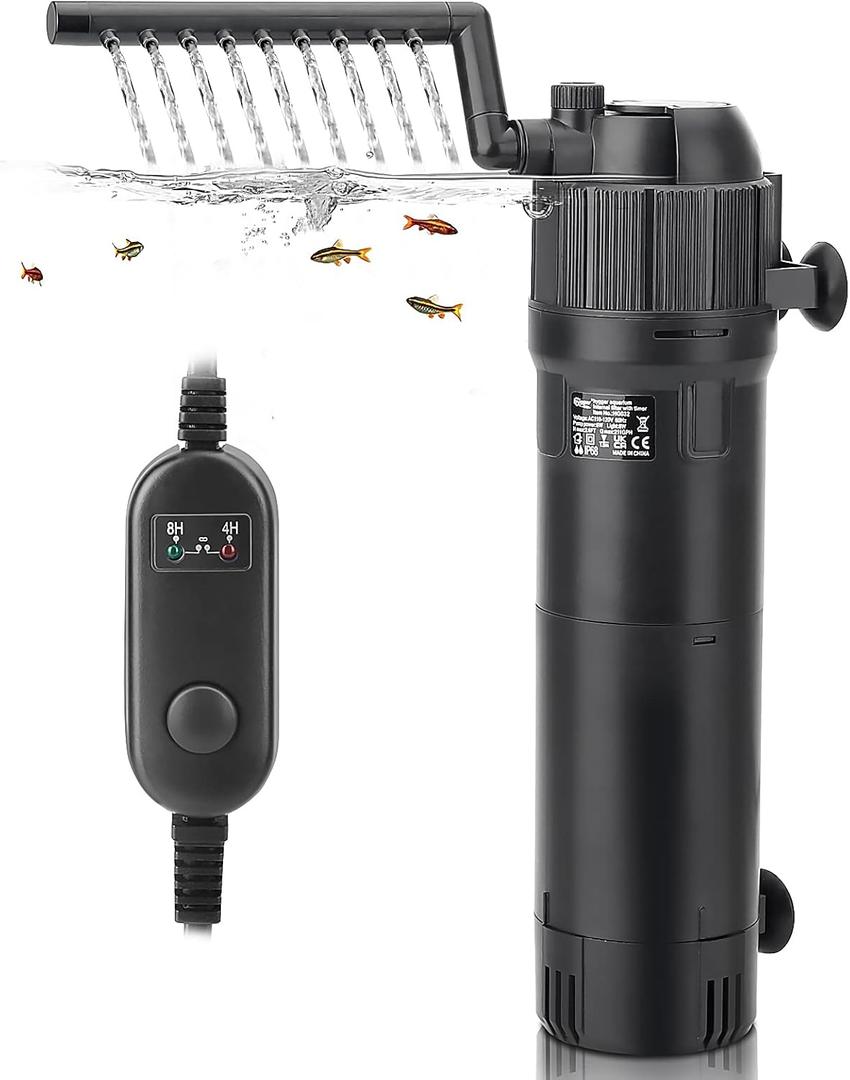 hygger 4-in-1 Submersible U-V Filter Pump, Internal Green Water Killer with Timer, 210GPH 8W Adjustable Fish Tank Filter, Increase Oxygen for 40-80 Gallon Aquarium Tank