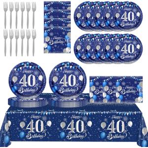 40th Birthday Decorations for Men,61Pcs Blue Silver 40th Birthday Decorations Tableware Include Happy 40th Birthday Plates and Napkins,Tablecloth,Forks for Men 40th Birthday Party Supplies,Serve 20