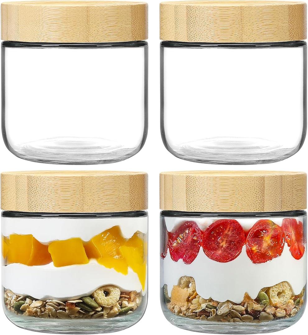 NETANY 4-pack 10oz Glass jars with Airtight Lids, Overnight Oats Containers with Bamboo Lids, Wide mouth Mason Salad Jars, Glass Food Storage Containers for Snacks Yogurt Spice Sugar