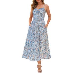 Annebouti Women 2025 Summer Fall Ruched Maxi Dress Adjustable Spaghetti Strap Floral Beach Long Sundress with Pockets (Medium, White Blue)