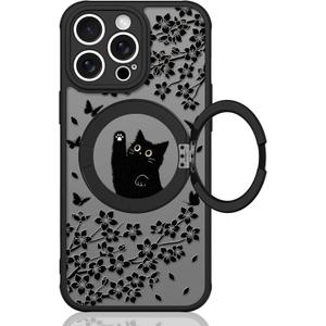 Cute Case for iPhone 14 Pro Case with Stand [ Compatible with MagSafe ] Kawaii Black Cat & Floral & Butterflies Pattern Design 360 Magnetic Ring Kickstand Phone Cover for Women Girls Boys