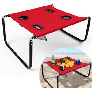Portable Beach Table Foldable Camping Picnic Table with Cup Holder and Phone Pockets Lightweight Stable for Tailgate Travel Fishing Hiking and Outdoor Adventures(Red, Solid Pattern)