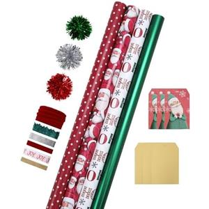 LaRibbons Christmas Wrapping Paper Sets, Santa & Snowflake & Gingham & Stripe Design with Ribbons & Gift Tags & Metallic Pom Pom for Christmas, Holiday, 30Inch × 10Feet（ 4 Rolls: 100 Sq.Ft.Ttl）