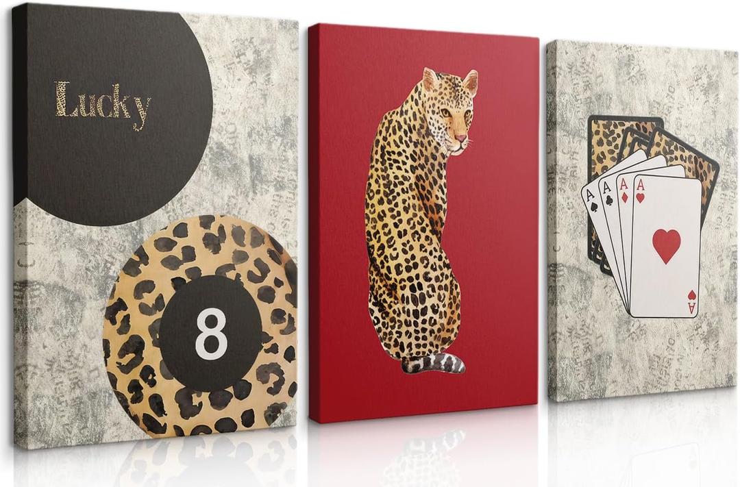 Red Trendy Leopard Wall Art Set,Vintage Cheetah Pictures,Retro Lucky 8 Ball Poster Prints,3 Piece Preppy Aesthetic Wall Decor,for Girly Bedroom Living Room Dorm Apartment 12x16in Canvas