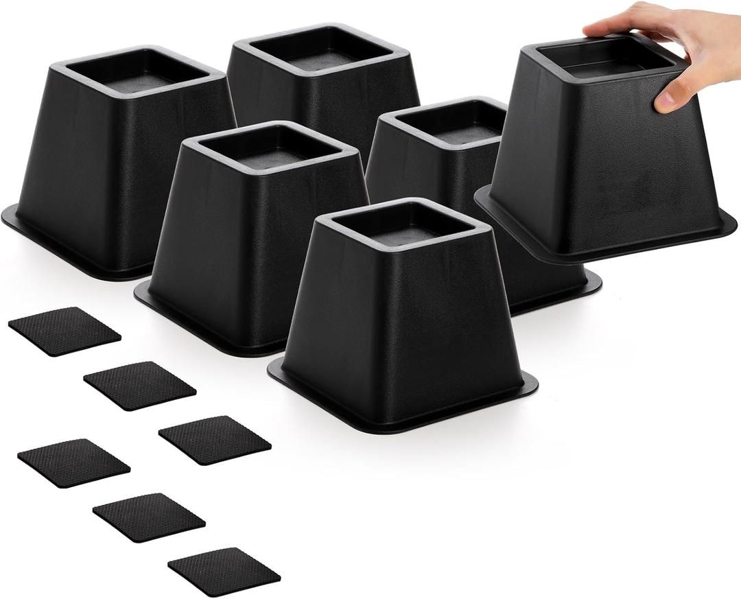 Bed Risers 4 Inch Heavy Duty, 6 Pack Durable Plastic Furniture Lifts, Supports 2200 lbs for Bed, Sofa, Desk, Non-Slip & Stackable Design(Black)