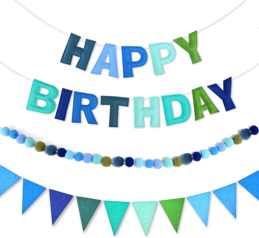CANREVEL Pre-Strung 3D Happy Birthday Banner, 3 PCS Blue Felt Garland, Pom Pom Garland, Triangle Fabric Bunting, Reusable Blue Birthday Decorations for Boys Men