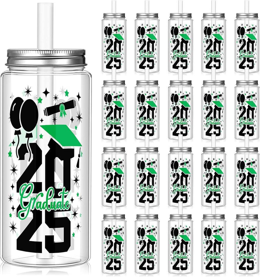 Vesici 24 Pcs Graduation Plastic Cups with Lid and Straws 13.5 oz 2025 Graduate Tumblers Graduation Gifts Drinking Cups with Decorative Bows for Class of 2025 Party Favors Decorations(Green)