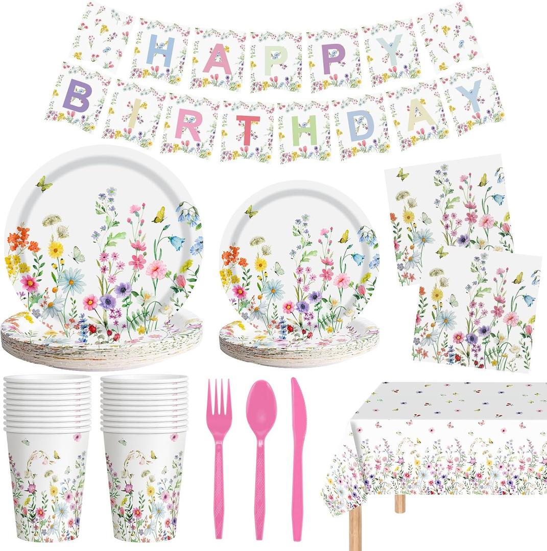 170 Pcs Spring Flower Birthday Party Decorations Sets, Includes Happy Birthday Banner, Floral Plates, Napkins, Cups, Plastic Silverware, Tablecloth for Wildflower Bday Party Supplies Decor, Serve 24