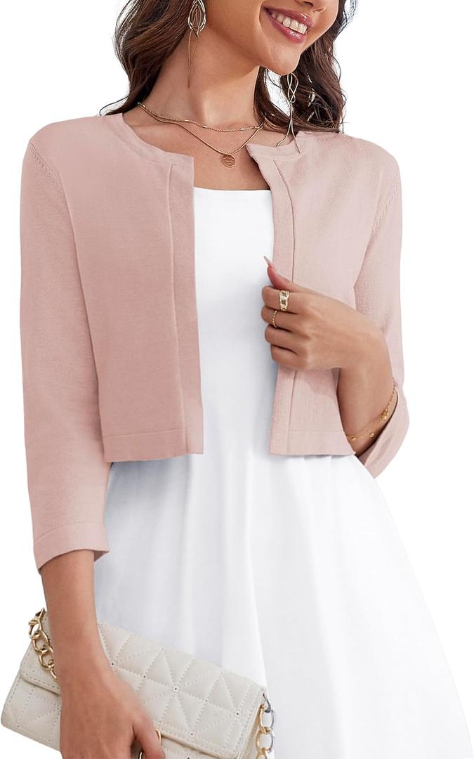 OmicGot Women's 3/ 4 Sleeve Cropped Cardigan Sweater Bolero Open Front Shrugs for Women Dresses Light Pink M
