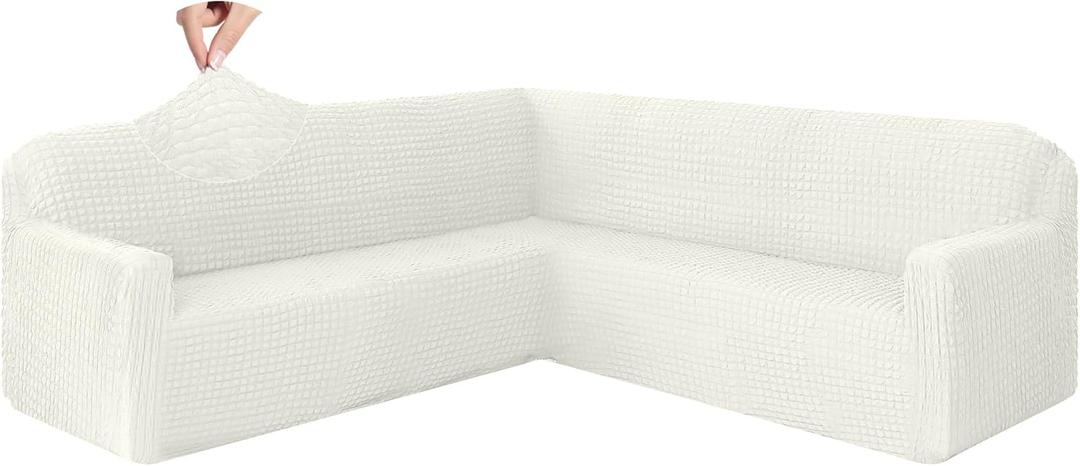 HDCAXKJ Sectional Couch Cover L Shape Sofa Covers Washable Stretch Couch Covers for Sectional Sofa 1 Piece Seersucker U Shaped Couch Slipcover Furniture Protector for Pets Dogs (Ivory White, Large)