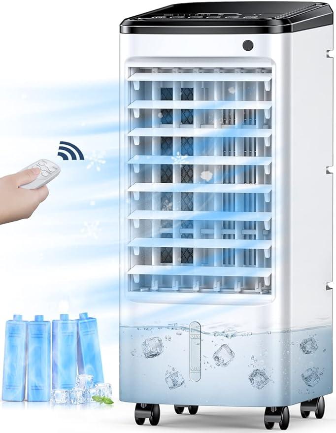 Evaporative Air Cooler, 3-IN-1 Windowless Portable Air Conditioner, 4 Modes & 3 Speeds Personal Swamp Cooler w/Humidifier, 12H Timer & Remote, 65° Oscillating Evaporative Cooler for Room Home