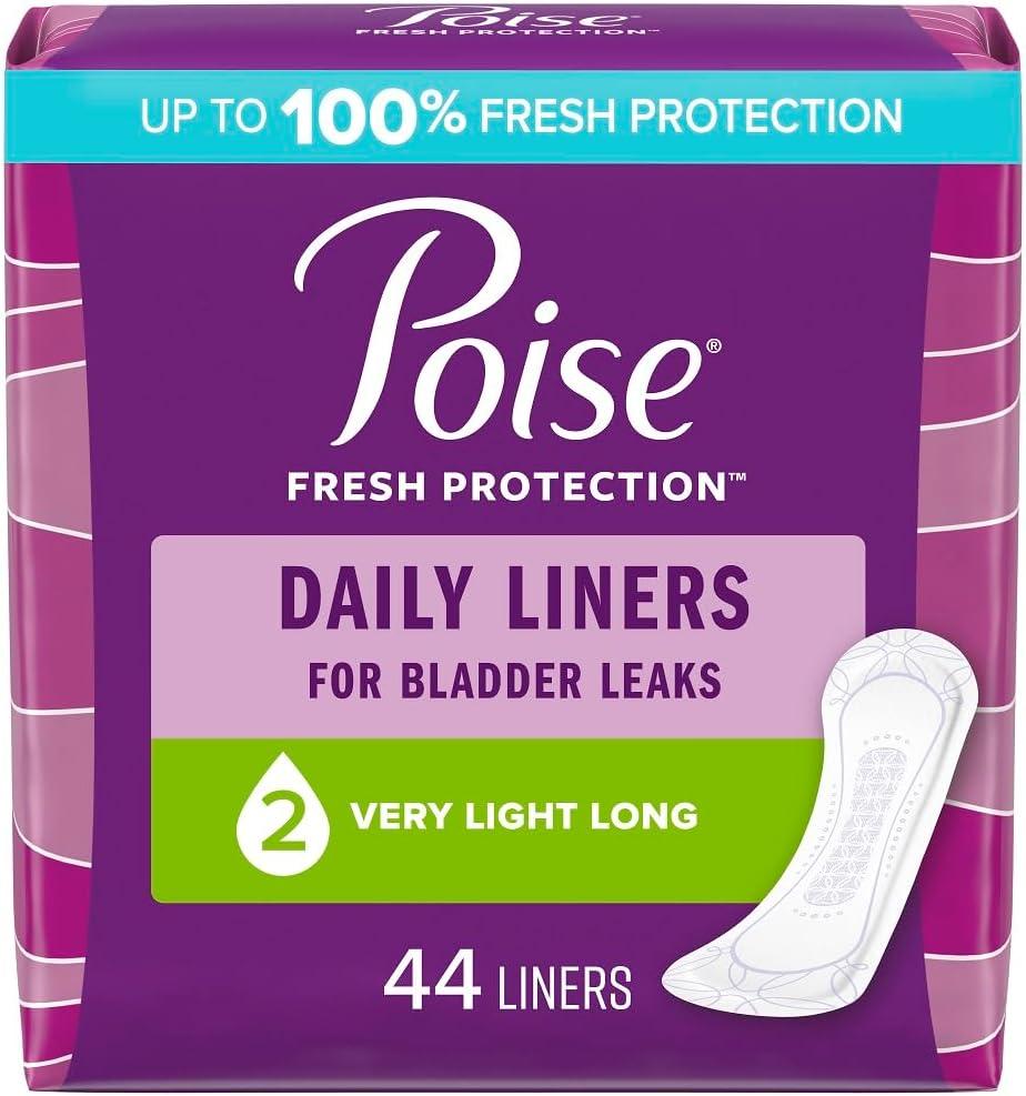 Poise Daily Incontinence Panty Liners, 2 Drop Very Light Absorbency, Long, 44 Count of Pantiliners