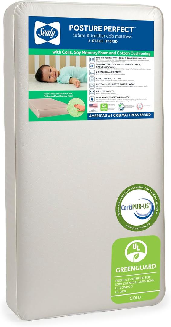 Sealy Baby Posture Perfect Breathable Crib Mattress, GREENGUARD Gold Certified, Made in USA, 2 Stage Hybrid Memory Foam & 150 Premium Coils, Toddler Bed Fit, Safety & Quality Tested, 52x28", Mattress Only