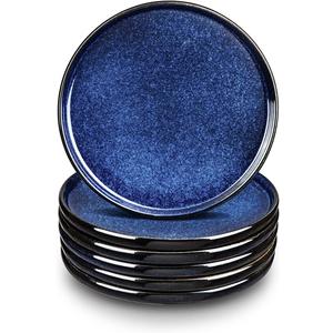 vicrays Ceramic Salad Plates Set - Porcelain 8 Inch Flat Dessert Appetizer Plate for Lunch Home Party Restaurant - Scratch Resistant Microwave Oven and Dishwasher Safe - Set of 6 (Blue)