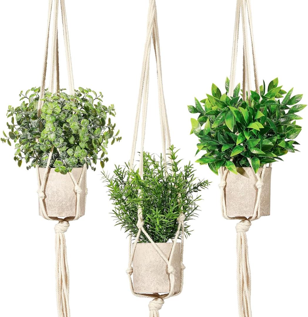 Artificial Plants 3 Pack Mini Fake Hanging with Macrame Plant Hangers Decorative Faux Greenery Decor for Shelves Wall Kitchen Farmhouse Bathroom Home Office (Eucalyptusgreen)