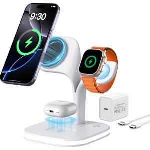 EXW for Magsafe Charger Stand,Charging Station for Multiple Devices,Wireless Charger for iPhone 17 Air 16 15 14 13 12 Series,Apple Watch Series 1-10/Ultra,AirPods Pro with LED and Adapter (White)