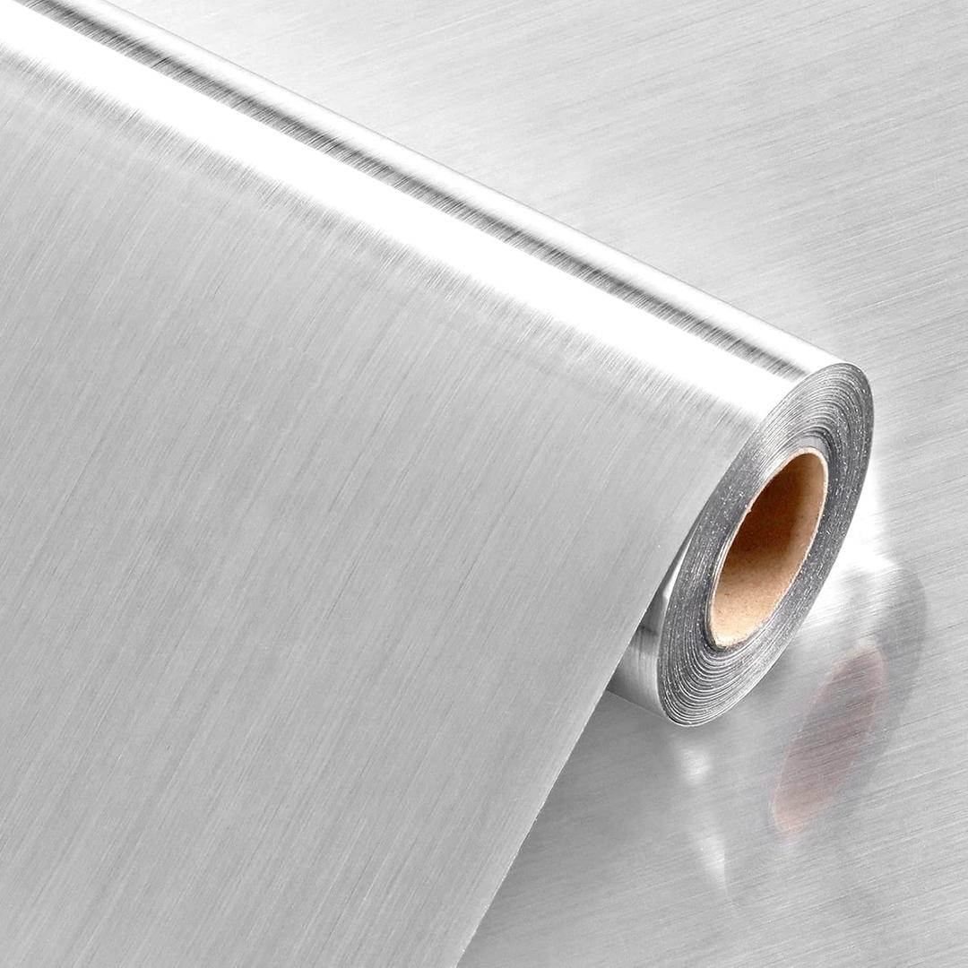 Stainless Steel Contact Paper Peel and Stick Countertop Wall Paper Brushed Silver Metallic Wallpaper for Kitchen Backsplash Vinyl Refrigerator Wrap for Dishwasher Fridge Appliances Cover 24''x236''