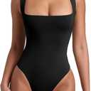 REORIA Butsmooth Womens Sexy Sleeveless Square Neck Double Lined Basic Bodysuit Tank Tops (Medium, Black)