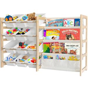 Toy Storage Organizer with Bookshelf - 12 Storage Bins 4-Tier Multipurpose Shelf to Organize Toys and Books for Kids Room, Playroom, Nursery Room, White