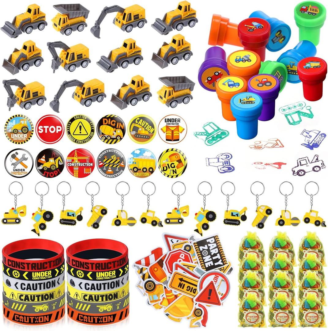 Capoda 122 Pcs Construction Party Favors Construction Theme Birthday Party Supplies Mini Truck Vehicles Toy Rubber Bracelet Keychain Stamper Button Pin Truck Stickers Bags for Birthday Gift