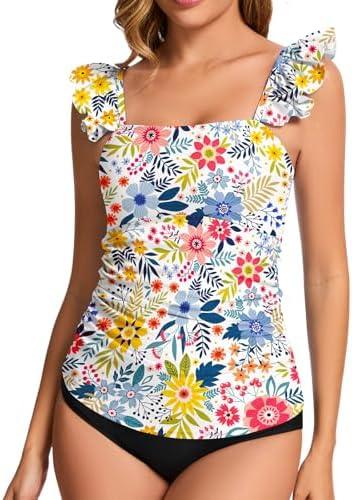 WOWENY Tankini Tops for Women No Bottom Bathing Suits Tummy Control Square Neck Ruffle Modest Swimsuit Top Only, M