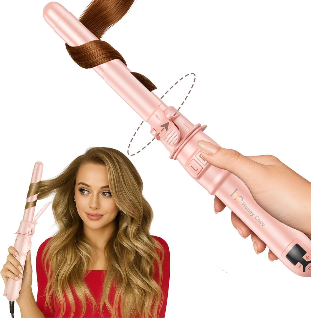 HC Honey Coco Rotating Curling Iron - 1-Inch/25MM Professional Hair Curler with LED Display, Fast-Heating Curling Wand for Long & Short Hair, Perfect Hair Waver Styling Tool (Pink)