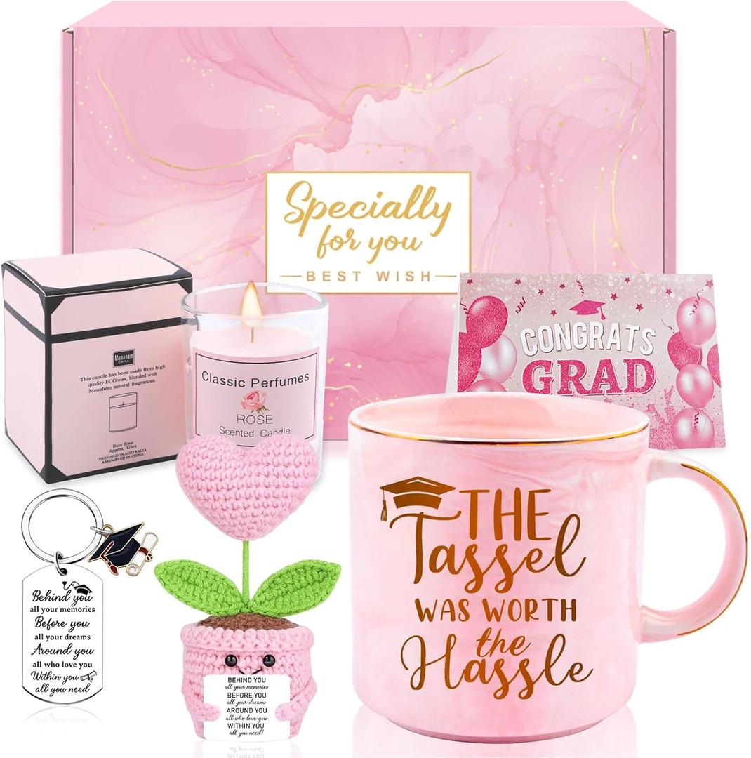 High School Graduation Gift for Her 2026, Congratulations Gifts for Women College, Class of 2026 Gift Box with The Tassel was Worth The Hassle Coffee Mug Congrats Card Crochet Flowers Potted Plant, 12 Ounces