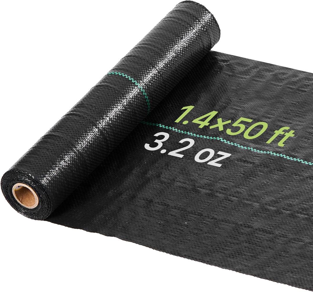 VEVOR 1.4x50FT 3.2oz Weed Barrier Fabric Heavy Duty, Landscape Fabric, Woven Weed Blocker Fabric, Garden Weed Fabric, Weed Control Fabric Ground Cover, Landscaping Cloth, Gardening Weed Mat, Black