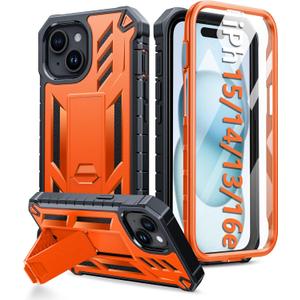 FNTCASE for iPhone 15 Case: for iPhone 14 Case & iPhone 13 Case [Built-in Screen Protector & Kickstand] [Military Grade Drop Protection] Heavy Duty Full Protective Shockproof TPU Phone Cover - Orange