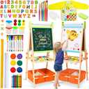 Kids Easel Including 100+ Accessories, Rundad Double Sided Wooden Easel for Kids Age 3-8 with Magnetic Chalkboard & Painting Board, Free Height Adjustable Art Easel Supplies for Toddlers, 50 X 22 X 7 Inches