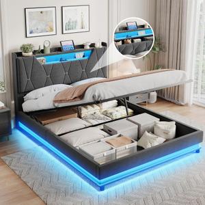 Vabches Full Size Lift Up Storage Bed Frame, Storage Headboard, Charging Station, LED Lights Upholstered Platform Bed, No Box Spring Needed, Noise-Free (Dark Grey)