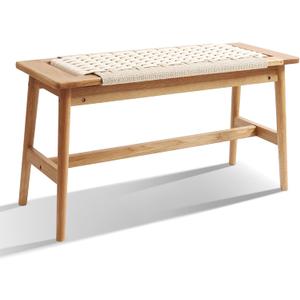 33.5" L Wood Dining Bench Indoor, 100% Natural Solid Oak Bed Bench Hand Woven Enterway Bench Small Bench for Dining Room, Bedroom, Kitchen (Creamy White)